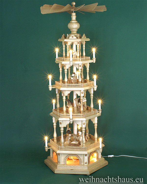 Weihnachtspyramide elektrisch groß mit Krippe Figuren Erzgebirge 4 Stock in Seiffen kaufen